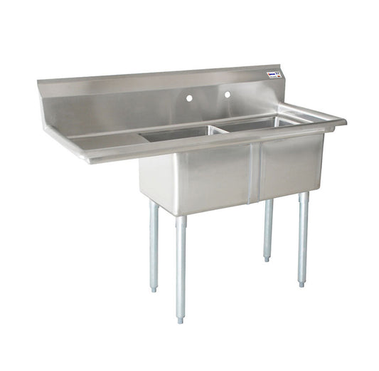 Omcan 25256, 24″ x 24″ x 14″ Two Tub Sink with 1.8″ Corner Drain and Left Drain Board
