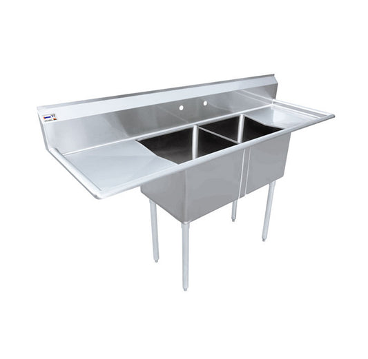 Omcan 25269, 18″ x 21″ x 14″ Two Tub Sink with 1.8″ Corner Drain and Two Drain Boards
