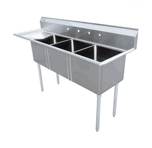 Omcan 43786, 24″ x 24″ x 14″ Stainless Steel Three Tub Sink with 3.5″ Center Drain and Left Drain Board