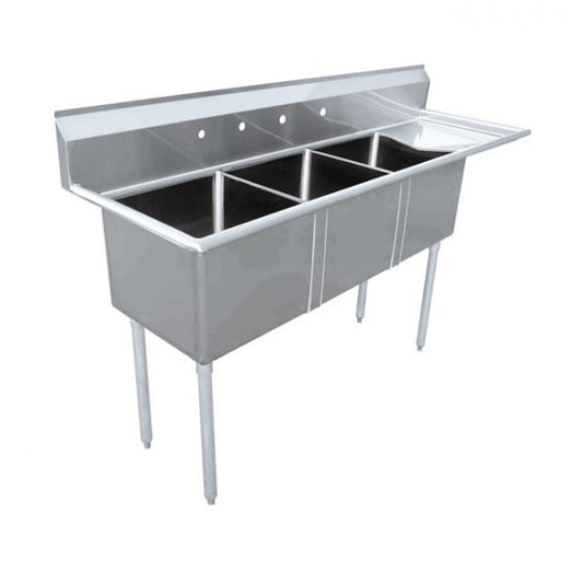 Omcan 43788, 24″ x 24″ x 14″ Stainless Steel Three Tub Sink with 3.5″ Center Drain and Right Drain Board
