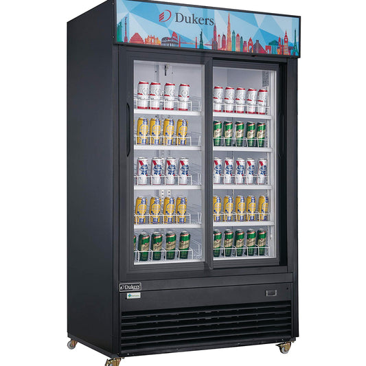 Dukers - DSM-47SR, Commercial 54" Glass Sliding 2 Door Merchandiser Refrigerator in Black